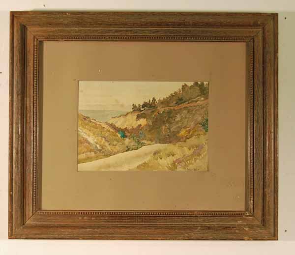 J. Alden Weir (1852-1919) Watercolor: Summer coastal landscape. Framing label on back from John Nighland, Montclair, NJ. Sight size 6 1/2" x 9 1/2". Overall size 16 1/2" x 19 1/2" Provenance: from an upstate NY longtime art collector & Do