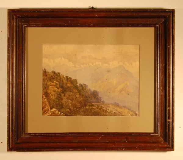 Sutton Palmer (1854-1935) Watercolor: of a mountain landscape. Sight size 8 1/4" x 11 1/2". Overall size 16 1/2" x 19 1/2". Some paint loss in lower section. Provenance: from an upstate NY longtime art collector & Doctor's estate. This is