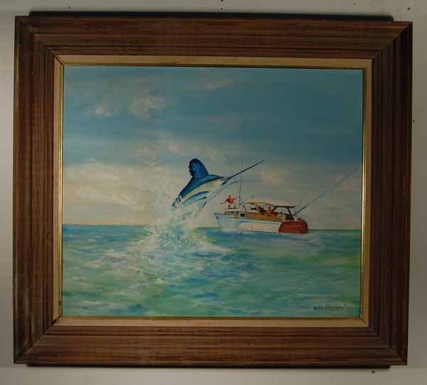 William O'Brien Oil on Masonite: dated 1970. New Haven, CT. Marlin fishing scene. Sight size 19 1/2" x 23 1/2". Overall size 26 1/2" x 30 1/2". Provenance: from an upstate NY longtime art collector & Doctor's estate. This is one of m
