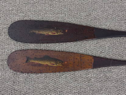 Pair of Miniature Paddles with Hand Painted Trout: 28" long. Souvenir Paddles from Waynesville, NC. Early 20th