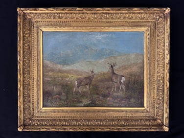 H.F. Wright Oil on Canvas Painting with Deer