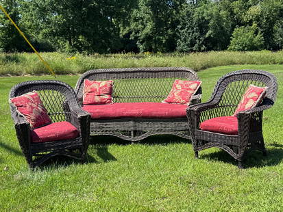 Bar Harbor 3 Piece Wicker Set: From the Loon Lake House Hotel in the Adirondacks. Circa 1900. Original finish with newly upholstered cushions and fern pattern pillows.Settee and 2 arm chairs.