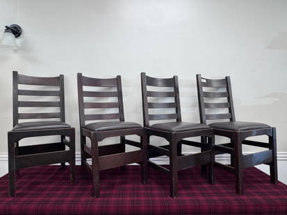 Early Gustav Stickley Model No. 1297 Dining Chairs: dark original finish, signed with new leather seats. Dimensions: 18"w x 16.5"d x 37.5"h.