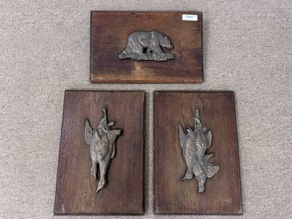 3 Bronze Wild Game Plaques: bear, hanging ducks and upland birds. Each plaque is made of walnut and measures 13" x 20"