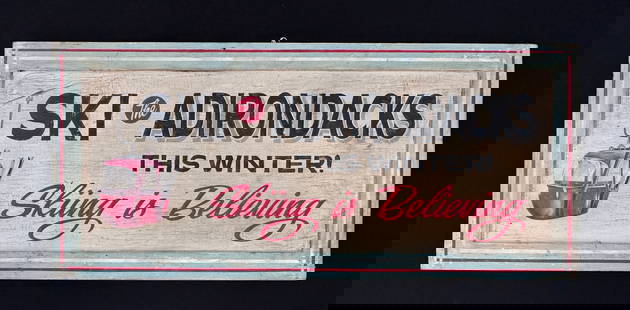 "Ski the Adirondacks" Hand Painted Wooden Sign: 20.5" x 46"
