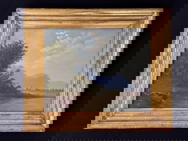 Oil on Board Painting of Fisherman in Gold Frame
