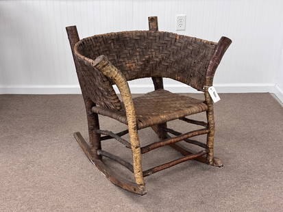 Lee Fountain Adirondack Yellow Birch Arm Rocker: low back style. original ash splint seat back, seat has been replaced years ago. From a camp on Peck Lake where it has spent more than half a century. 31" tall x 31" deep x 31" wide
