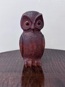 Folk Art Wooden Carved Owl with Glass Eyes