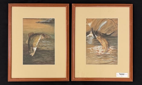 2 Watercolor Fish Paintings Signed F.A.W.