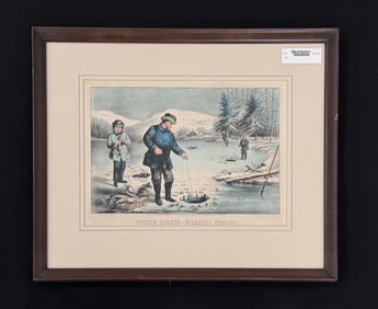 Winter Sports -Pickerel Fishing Colored Lithograph