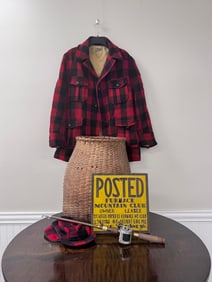 Early Pack Basket, Wool Coat & Posted Sign