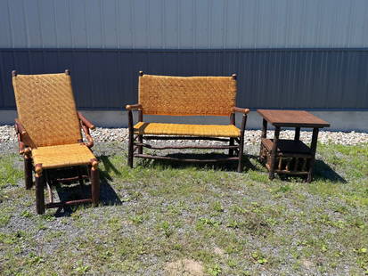 Indiana Hickory Set - Settee, Lounge Chair & Table: all 3 pieces are in excellent condition and barely ever used. This set was once on display at the Indiana State Fair. Settee measures 49" wide x 39" tall x 21" deep. Loung Chair is 26" wide x 39" tall