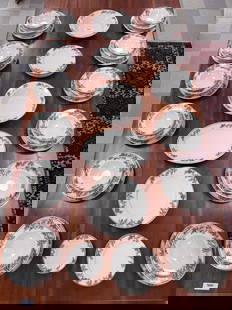 Syracuse China Pine Cone Pattern Dishes: 15 Dinner Plates (10.5" diameter); 12 Large Bowls (9.75" diameter); 12 Small Bowls (7.5" diameter); Oval Platter (15.5"); 2 Serving Bowls (12" in diameter); 4 Bread Plates (6.25" diameter); 6 Dessert