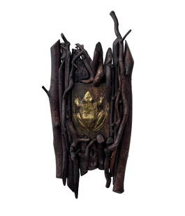 Barney Bellinger Adirondack Frog Sculpture: signed and dated 2014. Cast cement frog finished in variegated gold leaf mounted on a custom maple, hickory and birch twig mosaic wall plaque. 10" x 20"