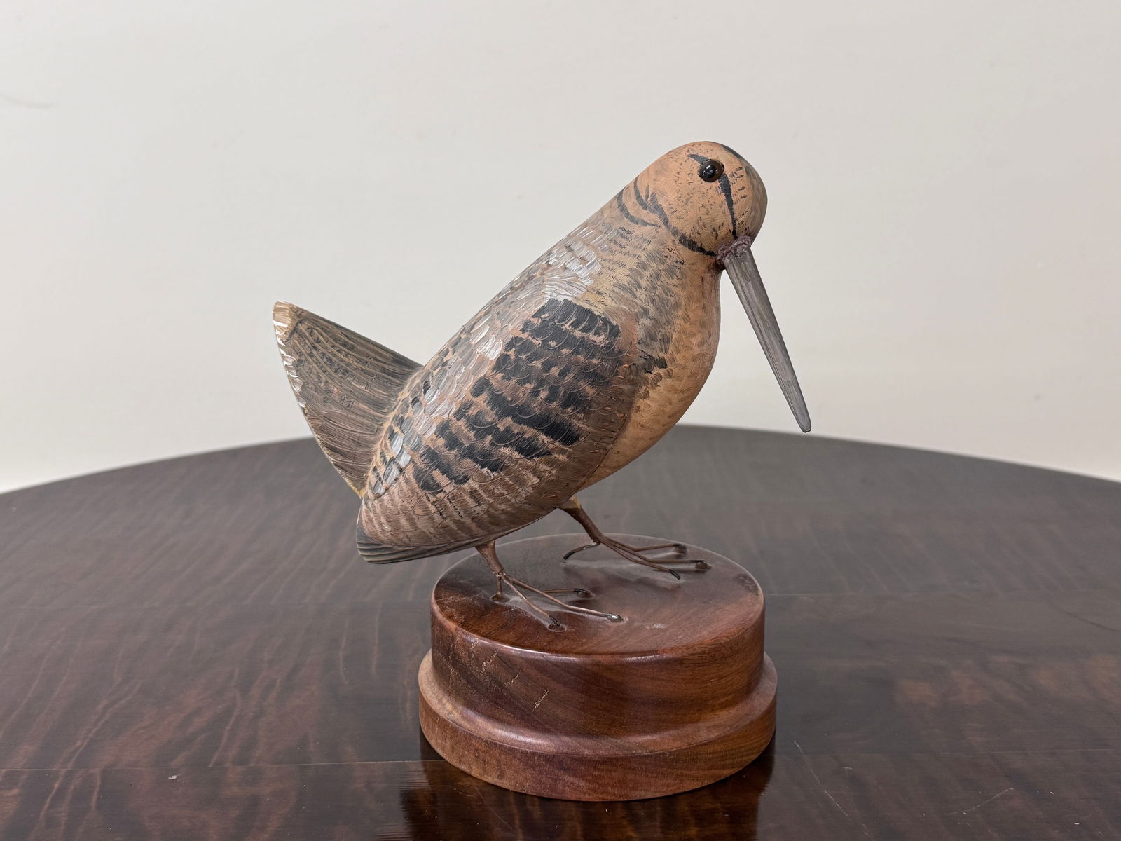 Carved and Painted Woodcock: signed GWC on a round walnut base. 8.25" tall x 8" x 5.25"