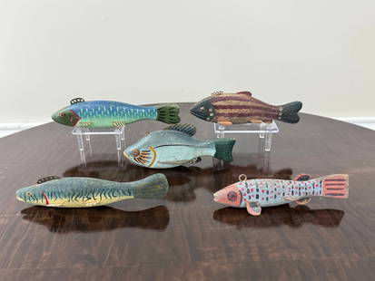 5 Carved & Painted Ice Fishing Decoys: ranging in size from 7" to 9"