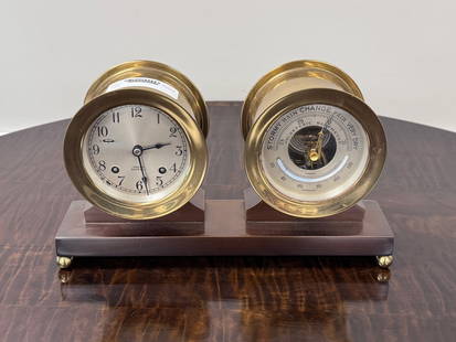 Chelsea Brass Ships Clock & Barometer Set: Each are 4.75" diameter, base is 12.5" wide x 3.5" deep.