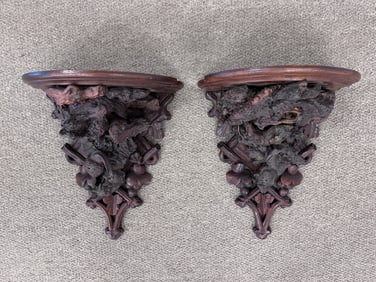 Pair of Black Forest Style Rustic Wall Shelves