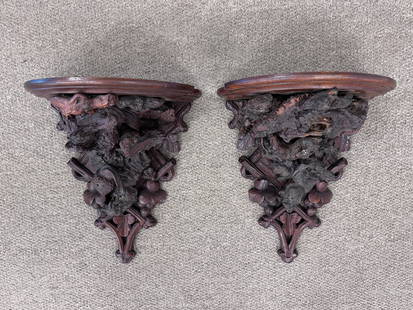 Pair of Black Forest Style Rustic Wall Shelves: 15" x 13" x 8"