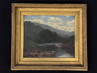 Cows by the River Oil on Board Painting
