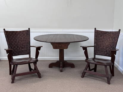 Old Hickory Drop Leaf Table & 2 Chairs: Paddle arm chairs and table are branded. 50" round oak table with pedestal base, 29.5" tall, drawers in each end. Paddle are chairs are 38.5" tall x 27.5" wide x 19" deep. Seat height is 15" . All 3 p