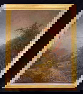 J.W. Bell Oil on Canvas Country Scene Painting: in gold gilt frame, some in painting and restoration in the upper left corner, overall size is 36.5" x 44.5"