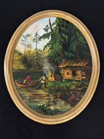 Log Cabin Hunting Scene Oil on Board Oval Painting