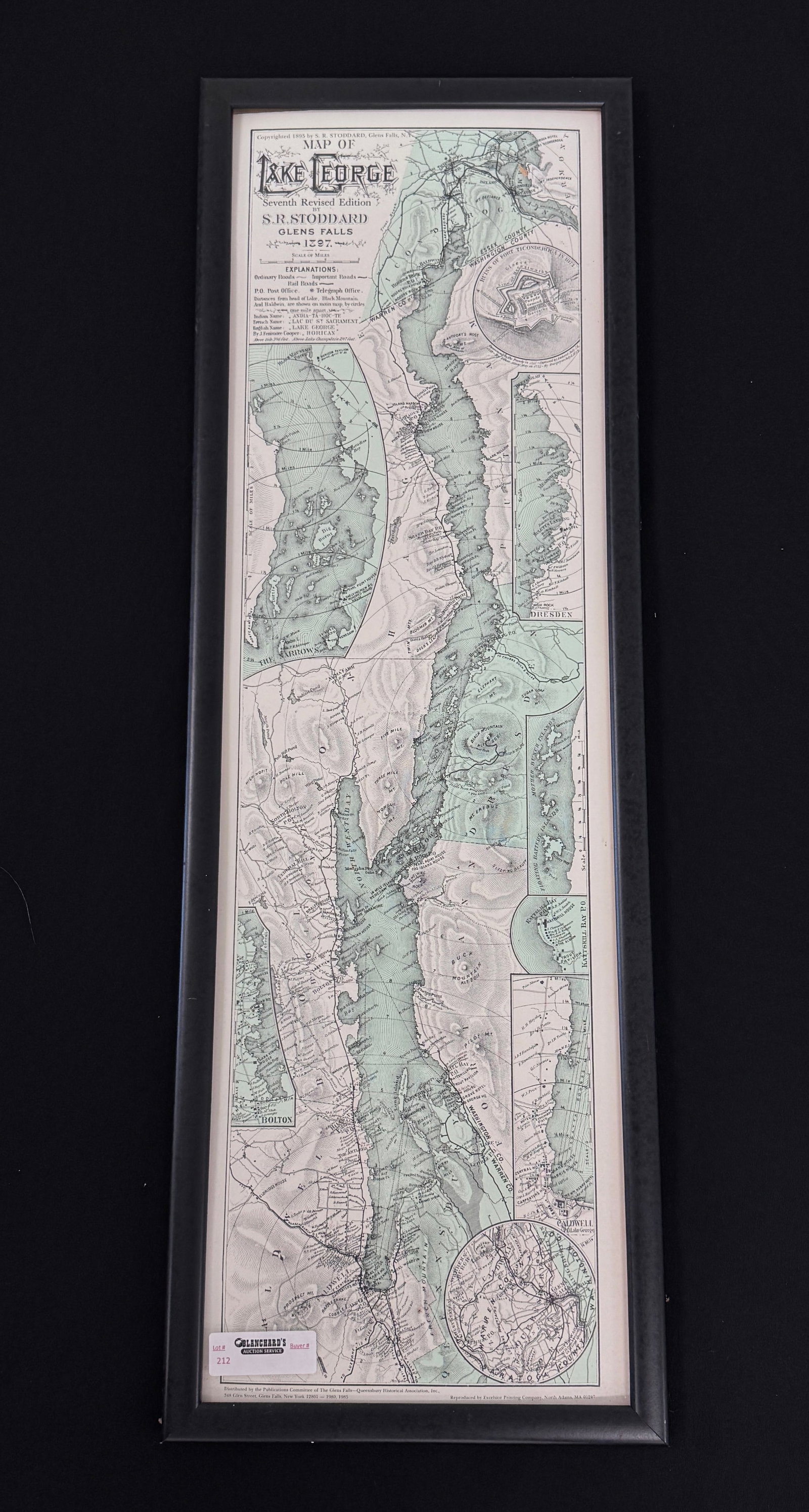 Map of Lake George by Stoddard 1897: reproduced by Excelsior Printing Co. in 1985. Measures 12.5" x 36.5"