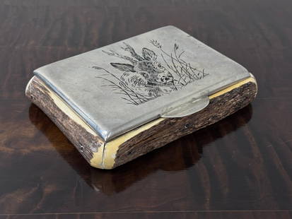 Silver & Antler Dresser Box with Deer: Hinged silver lid engraved with deer, 7.5" x 5.5" x 1.5" Lid marked 900