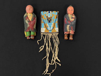2 Skookum Dolls & Beaded Pouch: dolls are 6" tall and beaded and raw hide pouch is 3.5" x 4.5" plus fringe.
