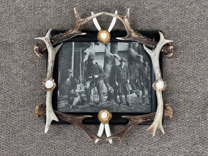 Antler Picture Frame with Hunters & Deer: back marked Joe Indian Pond. 14" x 13"