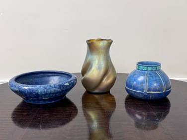 Art Glass Vase and 2 Pieces of Pottery