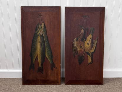 2 Wooden Panel Hanging Game Plaques: one of fish and one of birds. Each plaque measures 12" x 24"