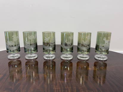 6 Australian Etched Liquor Glasses: 5" tall with wild game.