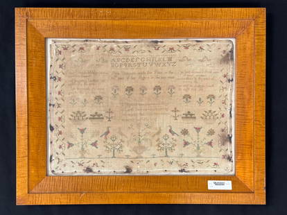 Primitive Sampler by Anne Simpson Dated 1800: in a Henry Ford Museum Tiger Maple Frame. with birds, trees and flowers. 21.75" x 27.5"