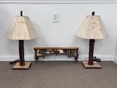Rustic Wall Shelf and Pair of Twig Lamps