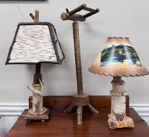 2 Rustic Table Lamps & Toilet Paper Holder