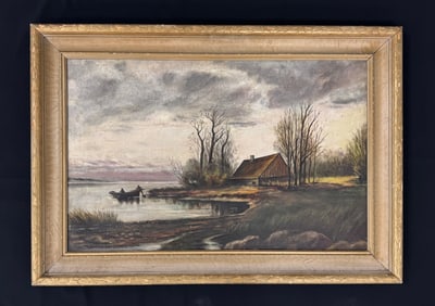 Country Scene with Boat Oil on Board Painting
