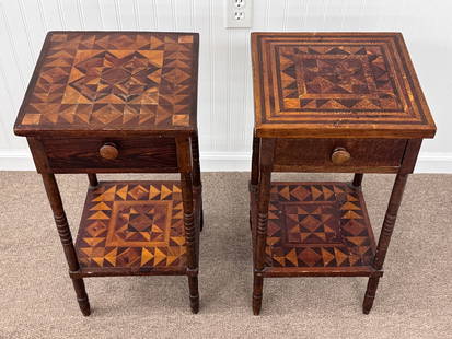 Pair of Marquetry Single Drawer Night Stands: in original varnish. Each is 13.5" x 13.5" x 27"