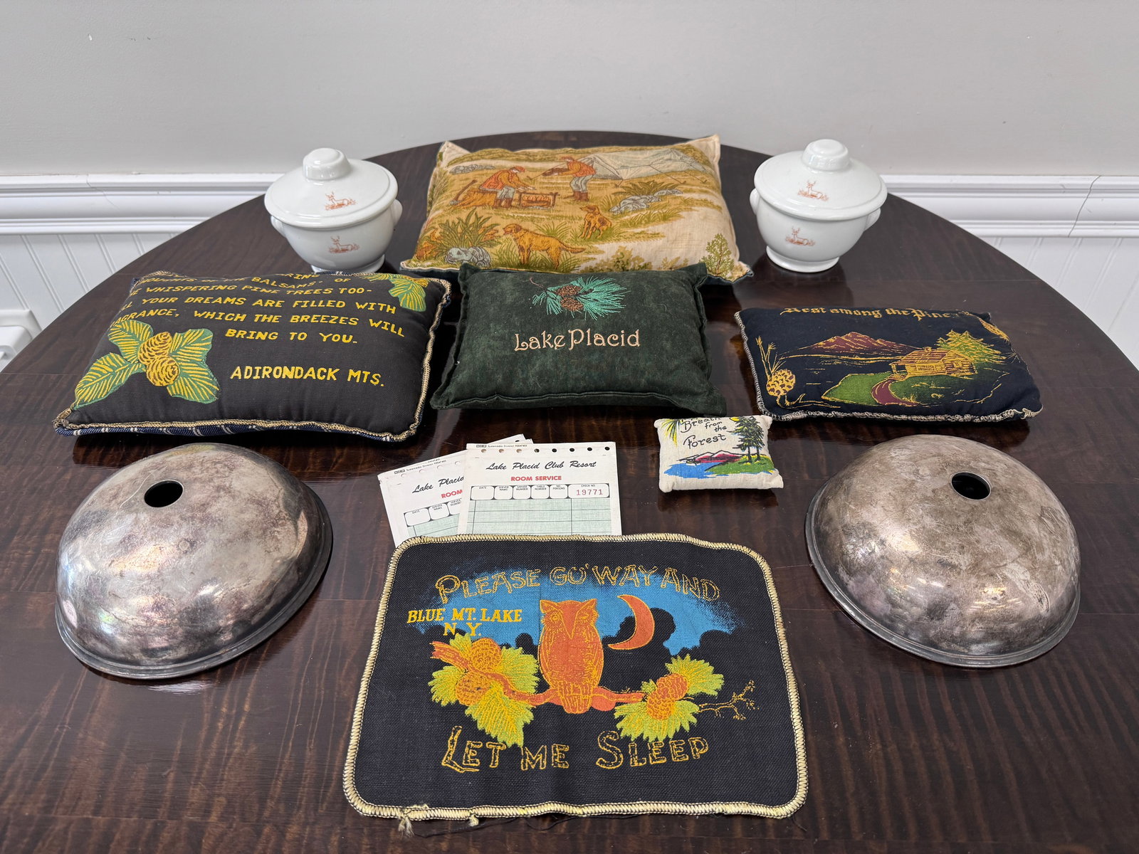 Adirondack & Lake Placid Club Collectibles: includes: balsam pillows, hotel sugar bowls and Lake Placid Club plate covers.