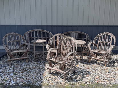 Cedar Bentwood Patio Furniture - 8pcs: includes: 2 Settees, 4 arm chairs and 2 end stands. All weathered and in fair condition.