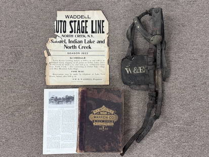 Warren Co History Book & Adirondack Items: includes horse tack from the Wadell & Emerson Stage Coach line and broadside.