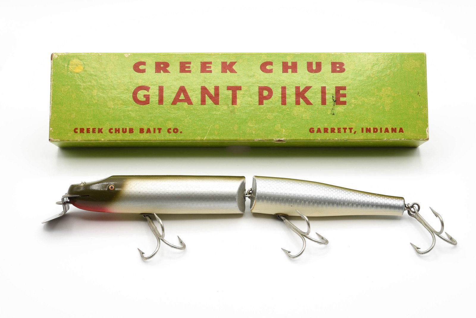 Creek Chub 803 Giant Jointed Pikie Special: Tack eye model with clear gold back stamp, finished in uncataloged silver shiner, a striking Special Order color on this big Pikie. Appearing to have been fished very little, if at all, grading about 