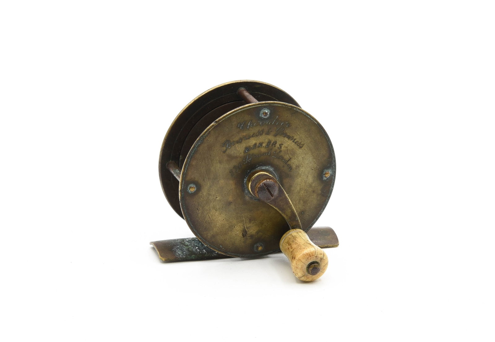 Chevalier Bowness & Bowness Trout Reel: Early 2 3/8" diameter reel with a 3/4" wide spool, jeweler etched: Chevalier Bowness & Bowness Makers 230 Stroud London, raised check housing (constant check) and an ivory handle grasp. Other than a s