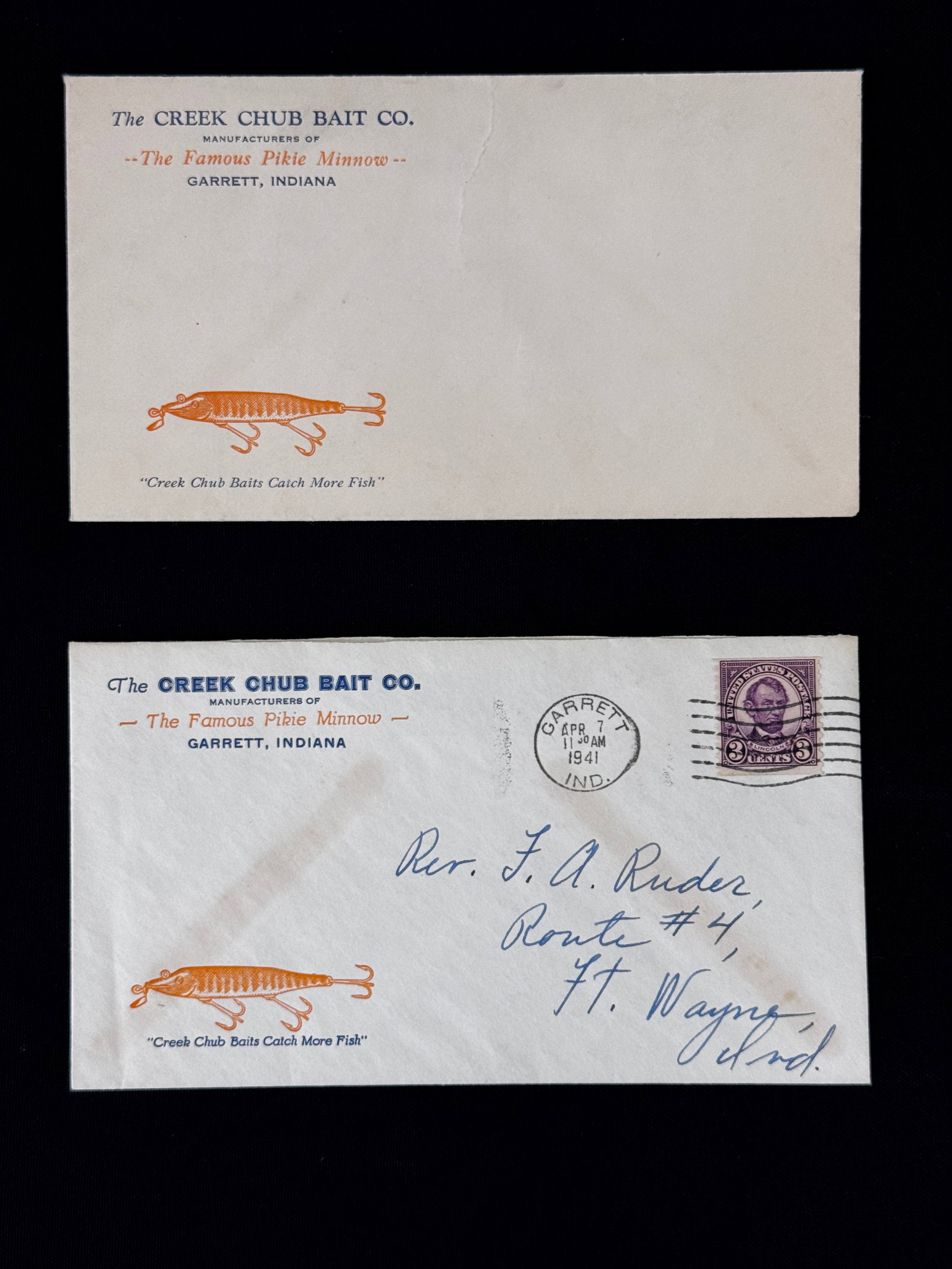 Early Creek Chub Illustrated Envelopes: Rare examples printed in the 1930s, one mailed in 1941 and hand canceled in Garrett, Indiana, the other unused. The color Pikie illustration on both is bright and all printing is crisp. Each with expe