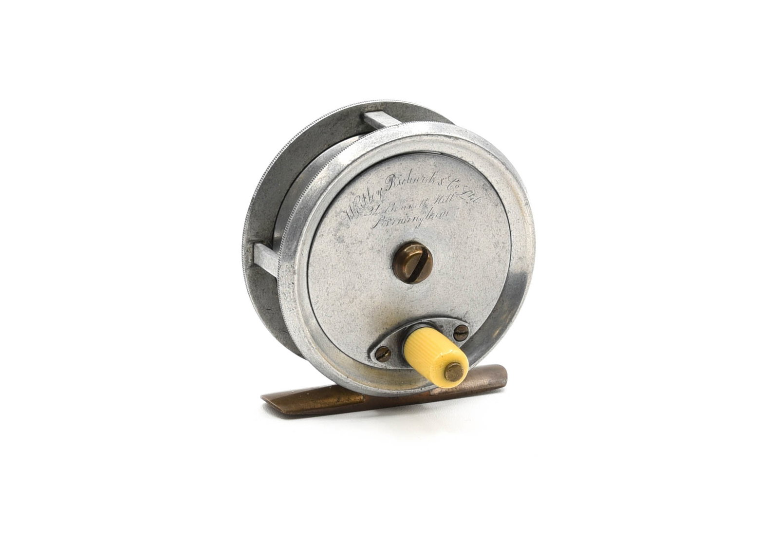 Westley Richards & Co. Trout Reel: 2 3/4" diameter and a 3/4" wide spool, marked Westley Richards & Co. Ltd 24 Bennett Hill Birmingham, no check, smooth copper foot and an X scratched on the spool interior. About VG/VG+ condition with 
