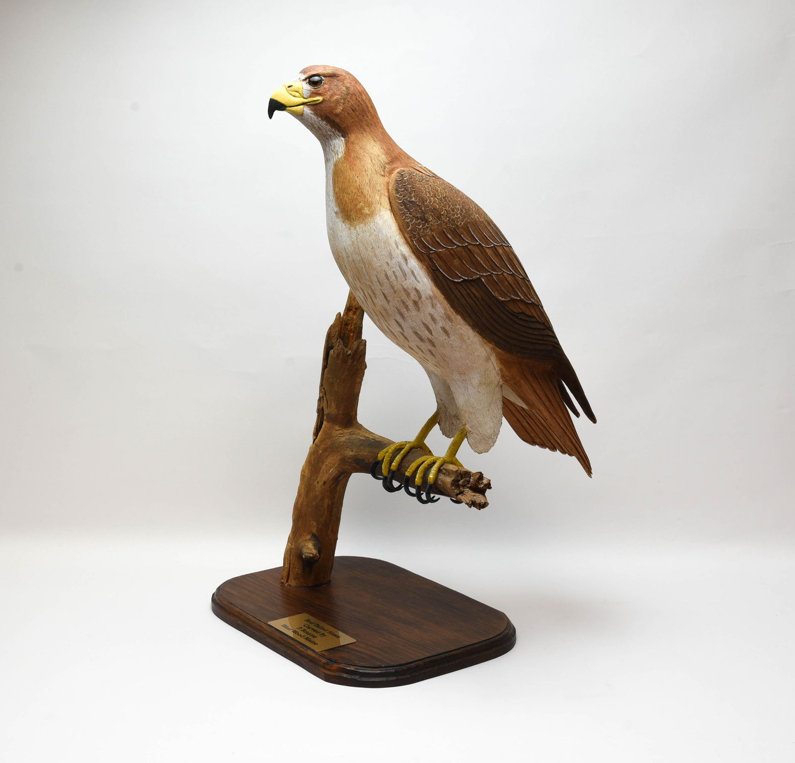 Vintage Bourne Hawk Carving: Life-size rendition of a Red-Tailed Hawk by P. Bourne. The hand-carved and painted bird, measuring 20" from the top of its head to the tip of its tail (standing 24 1/4" overall), is mounted on a sturd