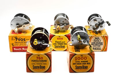 5 Boxed South Bend Casting Reels