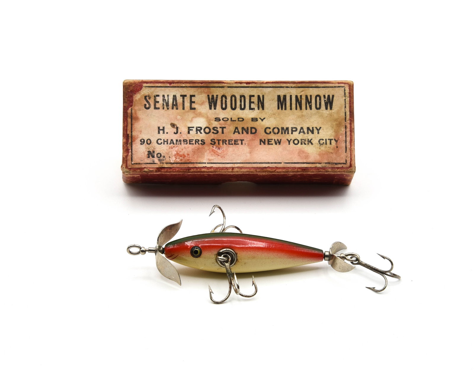 Senate Wooden Minnow Box: Rare maroon papered box sold by H.J. Frost And Company, unmarked for the lure model or color, about VG condition due to general wear, rubs and soiling, with the majority of the top label intact. Comin