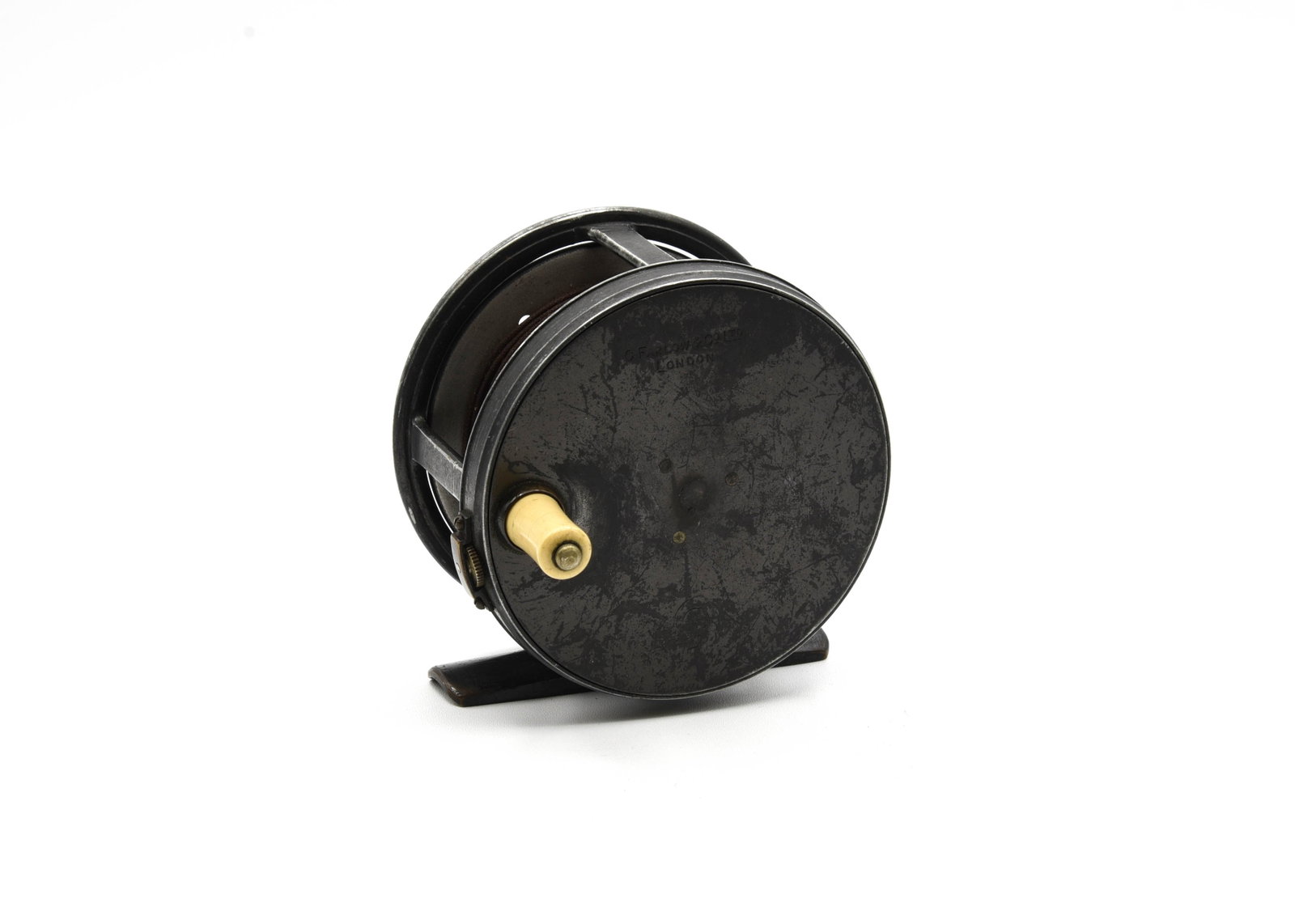C. Farlow & Co. Salmon Reel: 3 1/2" diameter and 1 3/8" wide spool, with a constant check and brass strapped rim tension screw, serial #A2223, stamped C. Farlow & Co. Ltd. and with the Holdfast logo. About VG/VG+ condition with w